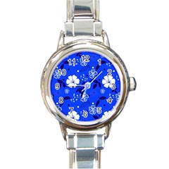 Blooming-seamless-pattern-blue-colors Round Italian Charm Watch by Pakemis