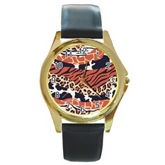 Mixed-animal-skin-print-safari-textures-mix-leopard-zebra-tiger-skins-patterns-luxury-animals-textur Round Gold Metal Watch