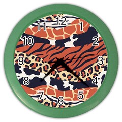 Mixed-animal-skin-print-safari-textures-mix-leopard-zebra-tiger-skins-patterns-luxury-animals-textur Color Wall Clock by Pakemis