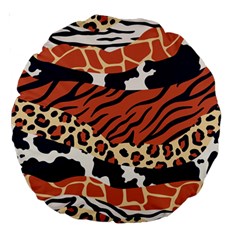 Mixed-animal-skin-print-safari-textures-mix-leopard-zebra-tiger-skins-patterns-luxury-animals-textur Large 18  Premium Round Cushions by Pakemis