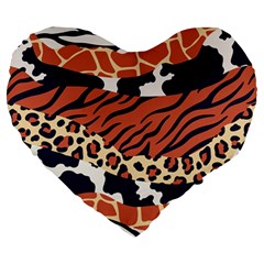 Mixed-animal-skin-print-safari-textures-mix-leopard-zebra-tiger-skins-patterns-luxury-animals-textur Large 19  Premium Heart Shape Cushions by Pakemis