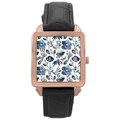 Indigo-watercolor-floral-seamless-pattern Rose Gold Leather Watch  by Pakemis