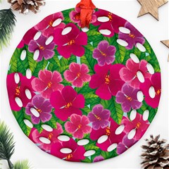 Background-cute-flowers-fuchsia-with-leaves Round Filigree Ornament (two Sides) by Pakemis