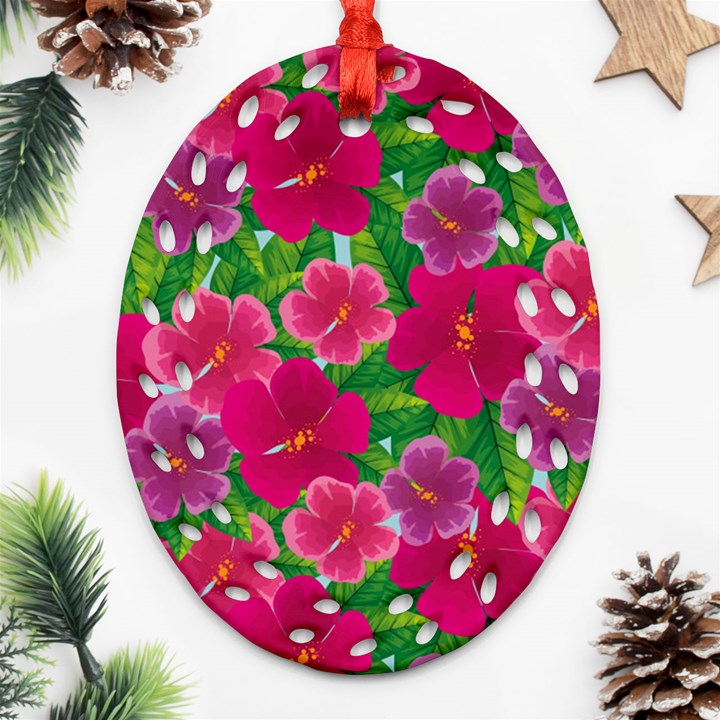 Background-cute-flowers-fuchsia-with-leaves Ornament (Oval Filigree)