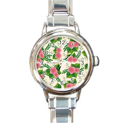 Cute-pink-flowers-with-leaves-pattern Round Italian Charm Watch by Pakemis