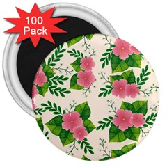 Cute-pink-flowers-with-leaves-pattern 3  Magnets (100 Pack) by Pakemis