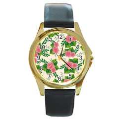 Cute-pink-flowers-with-leaves-pattern Round Gold Metal Watch