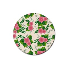 Cute-pink-flowers-with-leaves-pattern Rubber Round Coaster (4 Pack)