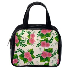 Cute-pink-flowers-with-leaves-pattern Classic Handbag (one Side) by Pakemis