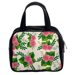 Cute-pink-flowers-with-leaves-pattern Classic Handbag (two Sides) by Pakemis