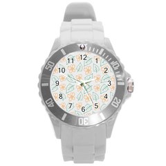 Hand-drawn-cute-flowers-with-leaves-pattern Round Plastic Sport Watch (L)