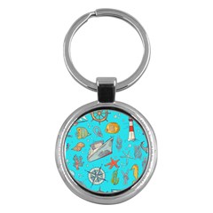 Colored-sketched-sea-elements-pattern-background-sea-life-animals-illustration Key Chain (round) by Pakemis