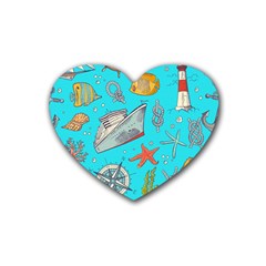 Colored-sketched-sea-elements-pattern-background-sea-life-animals-illustration Rubber Heart Coaster (4 Pack) by Pakemis