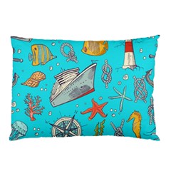 Colored-sketched-sea-elements-pattern-background-sea-life-animals-illustration Pillow Case by Pakemis