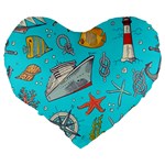 Colored-sketched-sea-elements-pattern-background-sea-life-animals-illustration Large 19  Premium Heart Shape Cushions Back