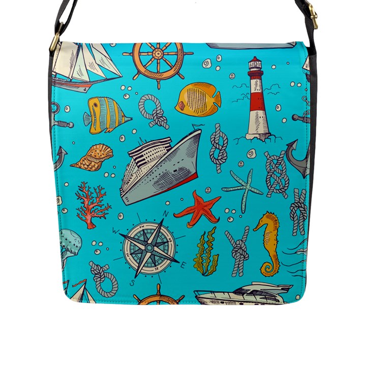 Colored-sketched-sea-elements-pattern-background-sea-life-animals-illustration Flap Closure Messenger Bag (L)