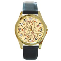 Seamless-pattern-with-different-flowers Round Gold Metal Watch