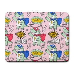 Seamless-pattern-with-many-funny-cute-superhero-dinosaurs-t-rex-mask-cloak-with-comics-style-inscrip Small Mousepad by Pakemis