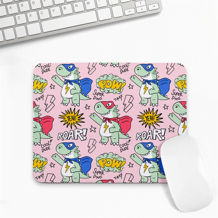 Seamless-pattern-with-many-funny-cute-superhero-dinosaurs-t-rex-mask-cloak-with-comics-style-inscrip Small Mousepad