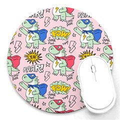 Seamless-pattern-with-many-funny-cute-superhero-dinosaurs-t-rex-mask-cloak-with-comics-style-inscrip Round Mousepad by Pakemis