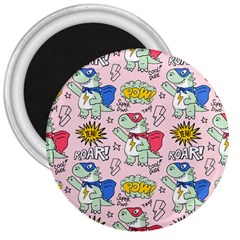 Seamless-pattern-with-many-funny-cute-superhero-dinosaurs-t-rex-mask-cloak-with-comics-style-inscrip 3  Magnets by Pakemis