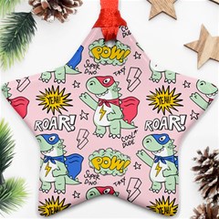 Seamless-pattern-with-many-funny-cute-superhero-dinosaurs-t-rex-mask-cloak-with-comics-style-inscrip Ornament (star) by Pakemis