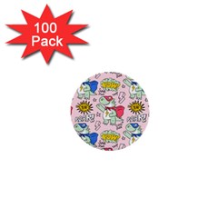 Seamless-pattern-with-many-funny-cute-superhero-dinosaurs-t-rex-mask-cloak-with-comics-style-inscrip 1  Mini Buttons (100 Pack)  by Pakemis