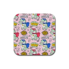 Seamless-pattern-with-many-funny-cute-superhero-dinosaurs-t-rex-mask-cloak-with-comics-style-inscrip Rubber Coaster (square) by Pakemis