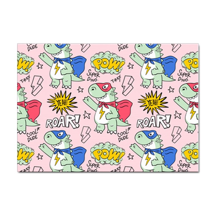 Seamless-pattern-with-many-funny-cute-superhero-dinosaurs-t-rex-mask-cloak-with-comics-style-inscrip Sticker A4 (10 pack)