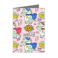 Seamless-pattern-with-many-funny-cute-superhero-dinosaurs-t-rex-mask-cloak-with-comics-style-inscrip Mini Greeting Card by Pakemis