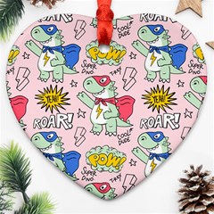 Seamless-pattern-with-many-funny-cute-superhero-dinosaurs-t-rex-mask-cloak-with-comics-style-inscrip Heart Ornament (two Sides) by Pakemis