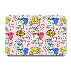 Seamless-pattern-with-many-funny-cute-superhero-dinosaurs-t-rex-mask-cloak-with-comics-style-inscrip Small Doormat by Pakemis