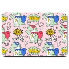 Seamless-pattern-with-many-funny-cute-superhero-dinosaurs-t-rex-mask-cloak-with-comics-style-inscrip Large Doormat by Pakemis