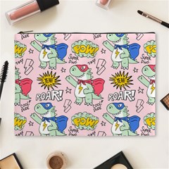 Seamless-pattern-with-many-funny-cute-superhero-dinosaurs-t-rex-mask-cloak-with-comics-style-inscrip Cosmetic Bag (xl) by Pakemis