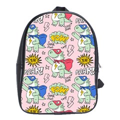 Seamless-pattern-with-many-funny-cute-superhero-dinosaurs-t-rex-mask-cloak-with-comics-style-inscrip School Bag (large) by Pakemis