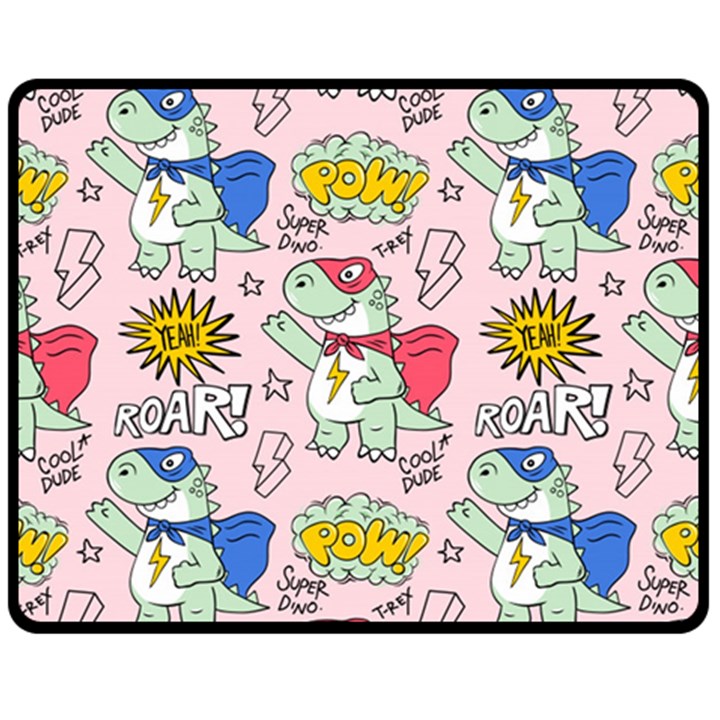 Seamless-pattern-with-many-funny-cute-superhero-dinosaurs-t-rex-mask-cloak-with-comics-style-inscrip Fleece Blanket (Medium)