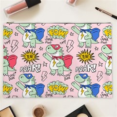 Seamless-pattern-with-many-funny-cute-superhero-dinosaurs-t-rex-mask-cloak-with-comics-style-inscrip Cosmetic Bag (xxl) by Pakemis