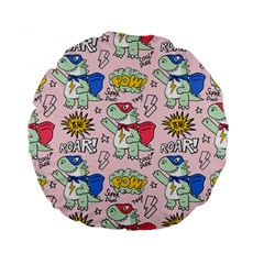 Seamless-pattern-with-many-funny-cute-superhero-dinosaurs-t-rex-mask-cloak-with-comics-style-inscrip Standard 15  Premium Flano Round Cushions by Pakemis