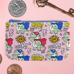 Seamless-pattern-with-many-funny-cute-superhero-dinosaurs-t-rex-mask-cloak-with-comics-style-inscrip Large Coin Purse by Pakemis