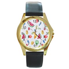 Fruit Summer Vitamin Watercolor Round Gold Metal Watch by artworkshop