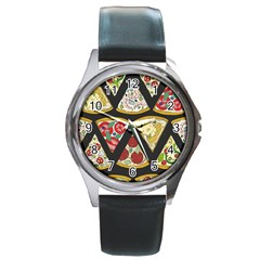 Vector-seamless-pattern-with-italian-pizza-top-view Round Metal Watch