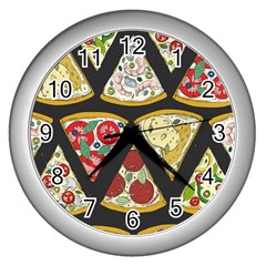 Vector-seamless-pattern-with-italian-pizza-top-view Wall Clock (Silver)