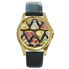 Vector-seamless-pattern-with-italian-pizza-top-view Round Gold Metal Watch