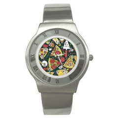 Vector-seamless-pizza-slice-pattern-hand-drawn-pizza-illustration-great-pizzeria-menu-background Stainless Steel Watch by Pakemis