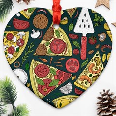 Vector-seamless-pizza-slice-pattern-hand-drawn-pizza-illustration-great-pizzeria-menu-background Heart Ornament (two Sides) by Pakemis