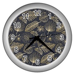 Elegant-pattern-with-golden-tropical-leaves Wall Clock (silver)