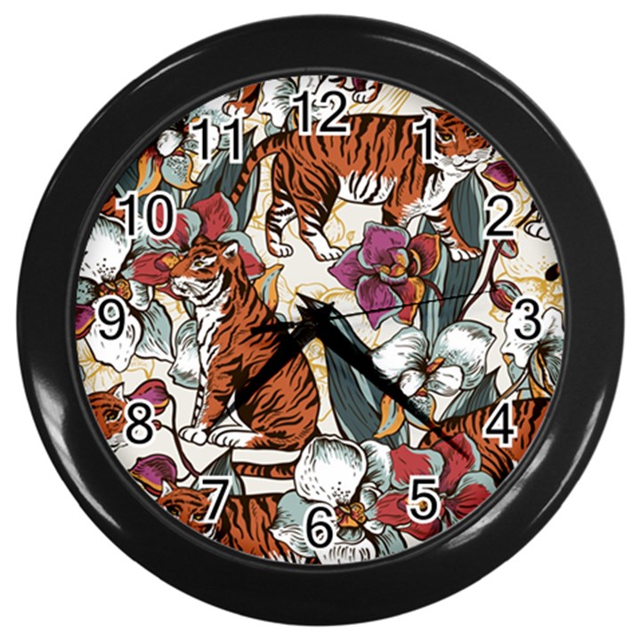 Natural-seamless-pattern-with-tiger-blooming-orchid Wall Clock (Black)