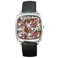 Natural-seamless-pattern-with-tiger-blooming-orchid Square Metal Watch by Pakemis