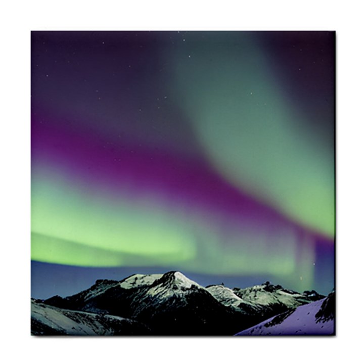 Aurora Stars Sky Mountains Snow Aurora Borealis Tile Coaster