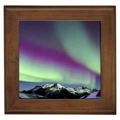 Aurora Stars Sky Mountains Snow Aurora Borealis Framed Tile by Uceng